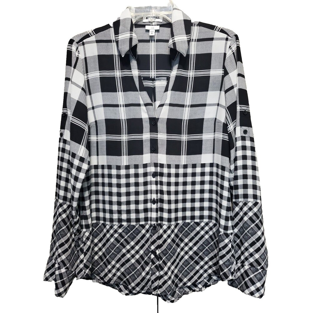 Express Portofino Slim Patchwork Plaid Roll-Tab Sleeve Button-Up Top Size Medium